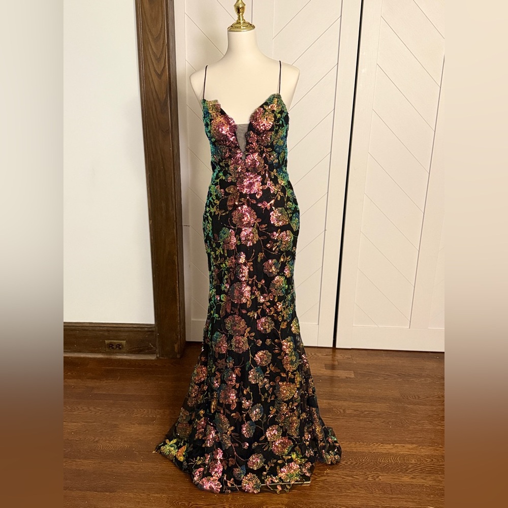 Black Floral Iridescent Sequin Mermaid Gown Lace Up Back Chiffon Prom Formal Sz8 - Picture 4 of 5